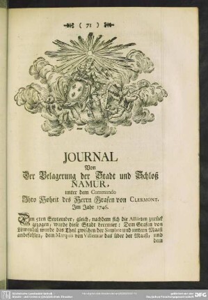 Journal Von Der Belagerung der Stadt und Schloß Namur, unter dem Commando Ihro Hoheit des Herrn Grafen von Clermont. Im Jahr 1746