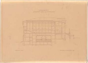 Littmann, Max; Athen (Griechenland); Konservatorium mit großem Konzertsaal und Amphitheater (Odeon) - Längsschnitt m. Querschnitt durch das Amphitheater
