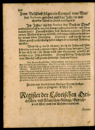 Register der Ebreischen Grichischen und Römischen Müntze/ Gewichte und Maß/ nach dem Alphabet verzeichnet.