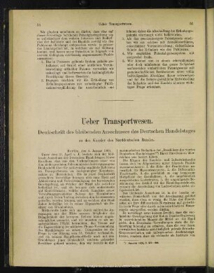 Ueber Transportwesen : Denkschrift des bleibenden Ausschusses des Deutschen Handelstages