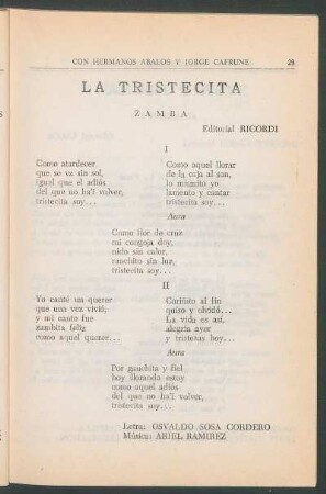 La tristecita : Zamba. - Editorial Ricordi