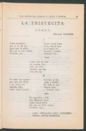 La tristecita : Zamba. - Editorial Ricordi