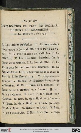 Explication du plan du bombardement de Mannheim le 24. Decembre 1794