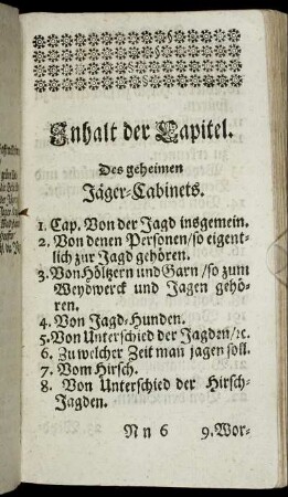Inhalt... /Des geheimen Jäger-Cabinets. - [der] Siebenzig Geheime Jäger-Künste.