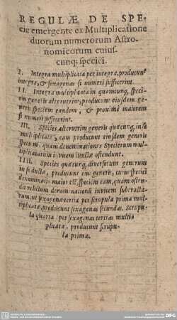 REGULAE DE SPEcie emergente ex Multiplicatione duorum numerorum Astronomicorum cuiuscunq specici.