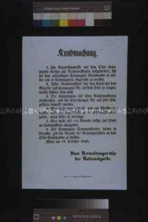 Maueranschlag: Bekanntmachung des Verwaltungsrates der Nationalgarde über den Eintritt neuer Mitglieder in die Nationalgarde; Wien, 11. Oktober 1848