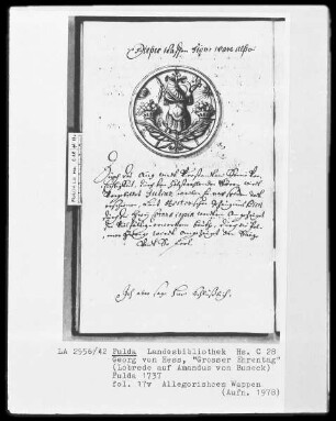Georg Friedrich Heß, Großer Ehrentag, Lobrede auf Amadeus von Buseck — Allegorisches Wappen, Folio 17 verso