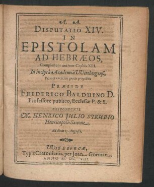 Disputatio XIV. In Epistolam Ad Hebraeos : Complectens analysin Capitis XII.