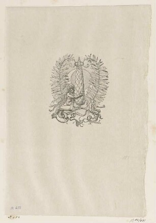 Vignette mit Tannenzapfen, Sirene und Faun