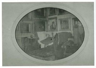König Jérome Bonaparte von Westfalen auf dem Totenbett liegend in möbliertem Zimmer mit zahlreichen Gemälden