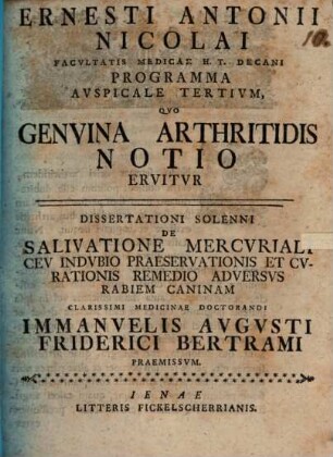 Programma ausp. ... quo Genuina arthritidis eiusque specierum notio eruitur, III.