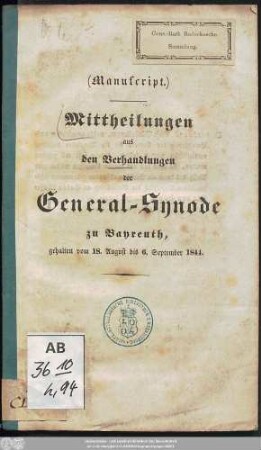 1844: Mittheilungen aus den Verhandlungen der General-Synode