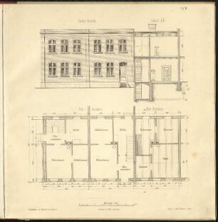 Tafel VI: Beispiel eines Arbeiterwohnhauses, Ansicht, Schnitt, Grundriss
