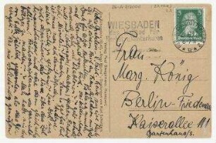 Merz-Postkarte von Hannah Höch und Til Brugmann an Grete König, mit der Abbildung "Kurt Schwitter's Merzplastik die Kultpumpe". Den Haag