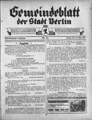 1927,21: Nr. 21, 22. Mai 1927