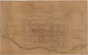 Gsaenger, Gustav; Eberswalde (Brandenburg); Projekt Gesamtentwicklungsplan, Stadtkrone, Vierjahresplan-Siedlung (Schule) - Bebauungsplan, Entwurf Vorplatz (Lageplan)