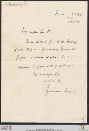 Brief von Ferdinand Tönnies an Gustav Radbruch