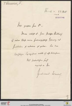 Brief von Ferdinand Tönnies an Gustav Radbruch