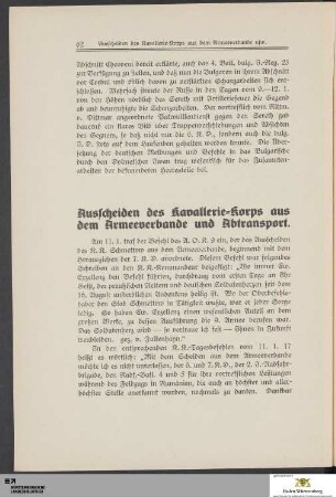 Ausscheiden des Kavallerie-Korps aus dem Armeeverbande und Abtransport