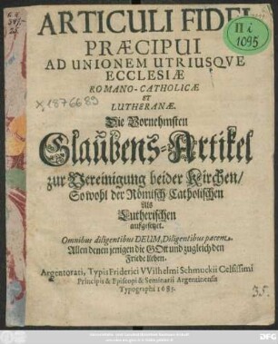 Articuli Fidei Praecipui Ad Unionem Utriusque Ecclesiae Romano-Catholicae Et Lutheranae