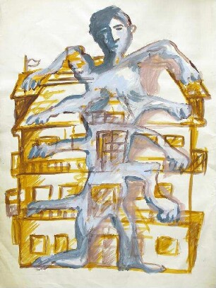 Achtarmige Figur vor Haus