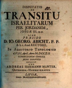 Disputatio De Transitu Israelitarum Per Jordanem : Josuae III, 15. 16