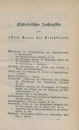 Alphabetisches Sachregister zum achten Bande des Gesetzblatts