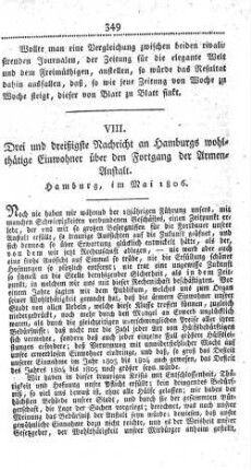 VIII. Drei und dreißigste Nachricht an Hamburgs wohlthätige Einwohner über den Fortgang der Armen-Anstalt. Hamburg, im Mai 1806.