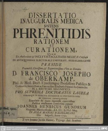 Dissertatio Inauguralis Medica Sistens Phrenitidis Rationem Et Curationem