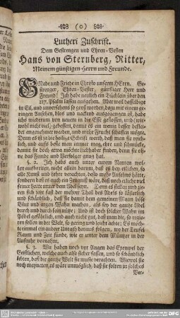 Lutheri Zuschrift. Dem Gestrengen und Ehren-Vesten Hans von Sternberg, Ritter, Meinem günstigen Herrn und Freunde