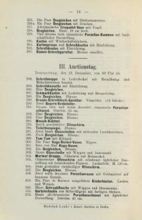 III. Auctionstag. Donnerstag, den 23. Dezember, von 10 Uhr ab