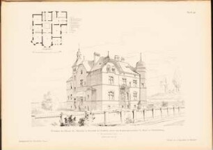 Wohnhaus des Herrn Pietschker, Bornstädt: Perspektivische Ansicht, Grundriss (aus: Architekt. Rundschau, hrsg.v. Eisenlohr & Weigle, 1894)