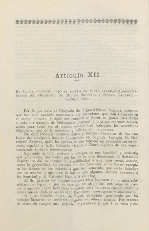 Artículo XII. El clero filipino bajo el punto de vista literario. - Sacerdotes del obispado de Nueva Segovia y Nueva Cáceres. - Conclusion