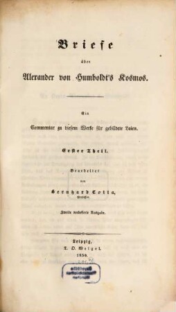 Briefe über Alexander von Humboldt's Kosmos : ein Commentar zu diesem Werke für gebildete Laien, 1