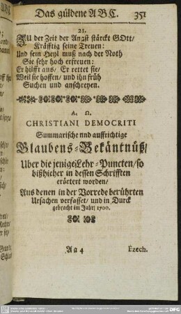 Christiani Democriti Summarische und auffrichtige Glaubens-Bekäntnüß