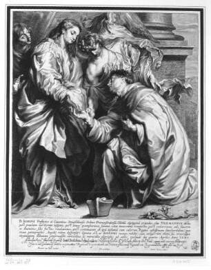 Die mystische Vision des heiligen Hermann Joseph : Pontius, Paulus nach Dyck, Anton van. Die mystische Vision des heiligen Hermann Joseph. Kupferstich; 28,6 x 25,7 cm, 33,5 x 26,4 cm (Blattgröße). Dresden: Kupferstich-Kabinett A 33185 in A 1285, 3 / 1286, 3 van Dyck, Tom IV (S. 50)