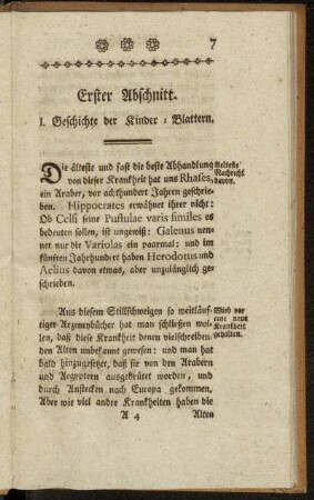 Erster Abschnitt. I. Geschichte der Kinder-Blattern. - II. Beschreibung der natürlichen Blattern.
