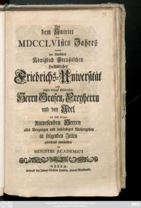 Bey dem Antritt des MDCCLVIsten Jahres wolten der sämtlichen Königlich Preußischen Hochlöblichen Friedrichs-Universität ... beständiges Wohlergehen in folgenden Zeilen gehorsamst anwünschen die Ministri Academici