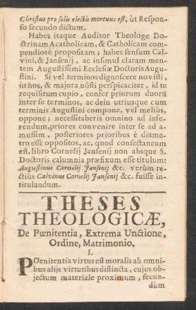 Theses Theologicae, De Poenitentia, Extrema Unctione, Ordine, Matrimonio.