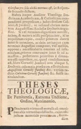 Theses Theologicae, De Poenitentia, Extrema Unctione, Ordine, Matrimonio.