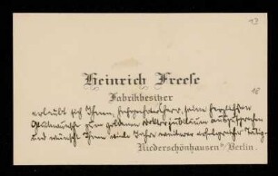 Visitenkarte von Heinrich Freese für Otto von Gierke, Niederschönhausen b. Berlin, 21.8.1910