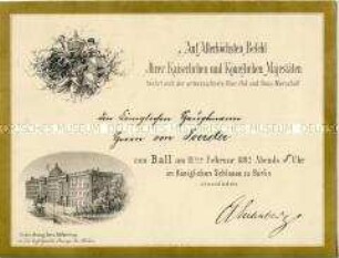 Einladung für Hauptmann Sigismund von Förster zum Ball im Königlichen Schloss zu Berlin am 11. Februar 1892