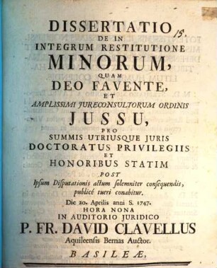 Diss. de in integrum restitutione minorum