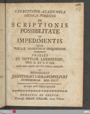 Exercitatio Academica Medica-Forensis De Scriptionis Possibilitate Et Impedimentis