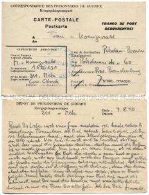 Vordruck-Postkarte von Harald von Koenigswald aus dem Kriegsgefangenenlager Metz an seine Frau mit Sorge - Familienkonvolut