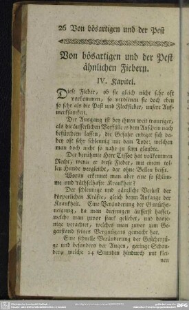 Von bösartigen und der Pest ähnlichen Fiebern. IV. Kapitel