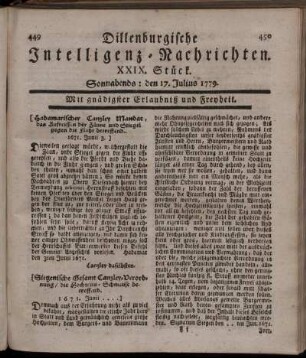 XXIX. Stück. Sonnabends: den 17. Julius 1779.