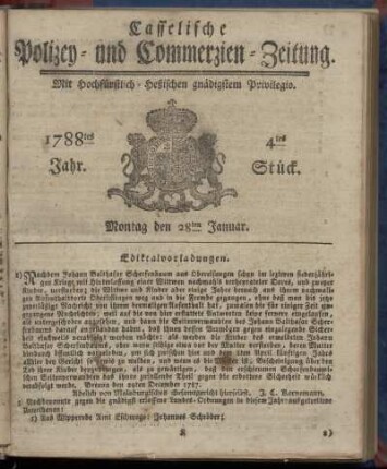 4tes Stueck, Montag den 28ten Januar. 1788
