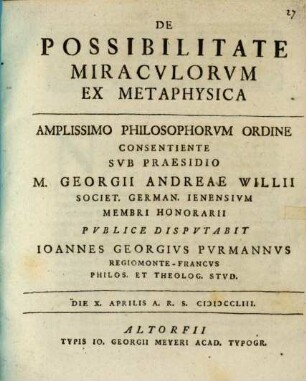 De Possibilitate Miracvlorvm Ex Metaphysica