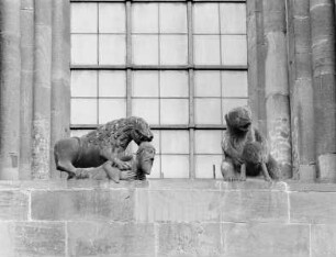 Ein Löwe und ein Bär greifen einen Menschen und einen Hund an